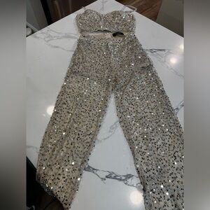 AKIRA sequin pants tank set - cream and gold colored